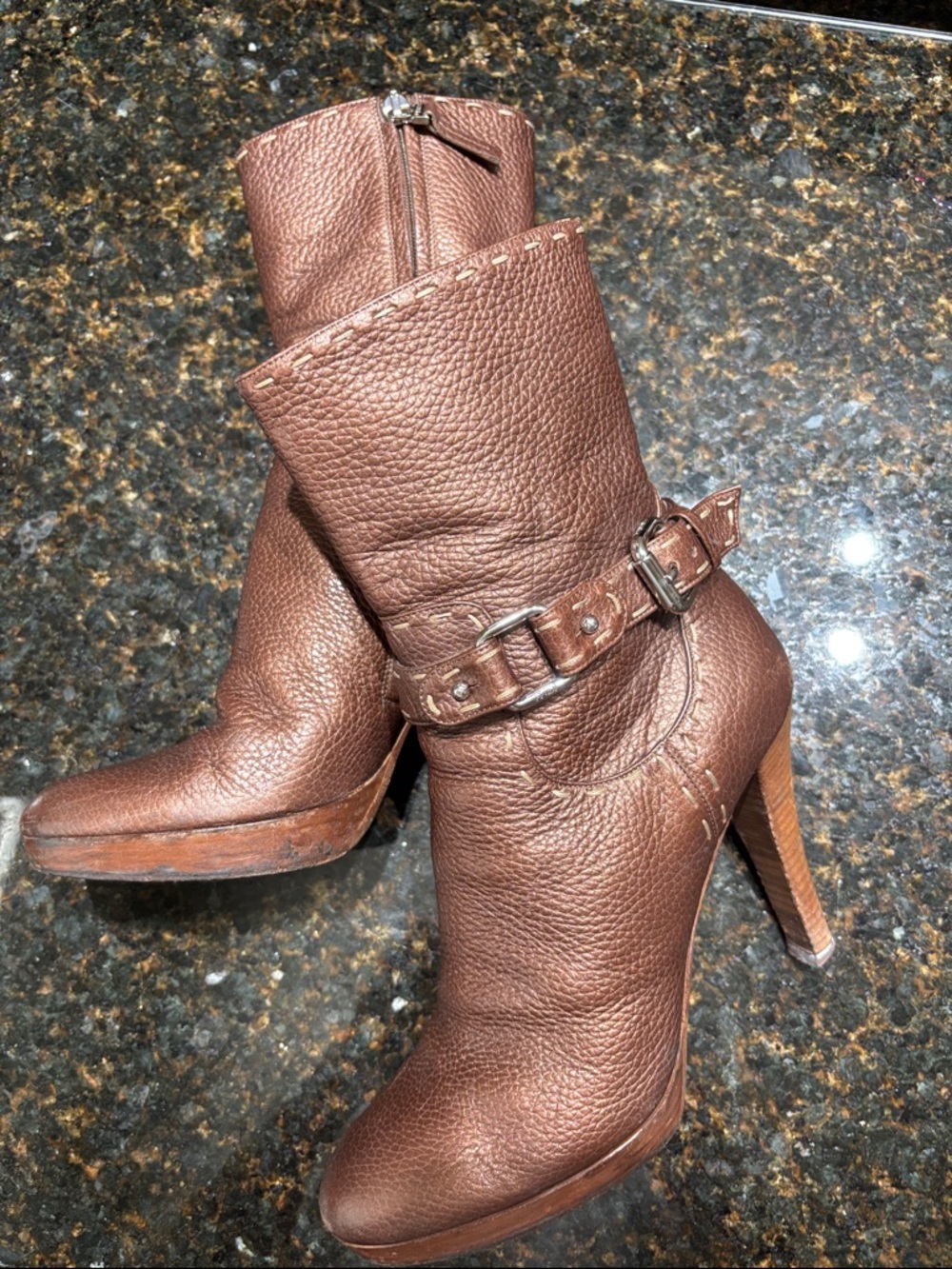 Fendi Women's Shimmery Brown Leather High-Heel Ankle Boots with Buckles.